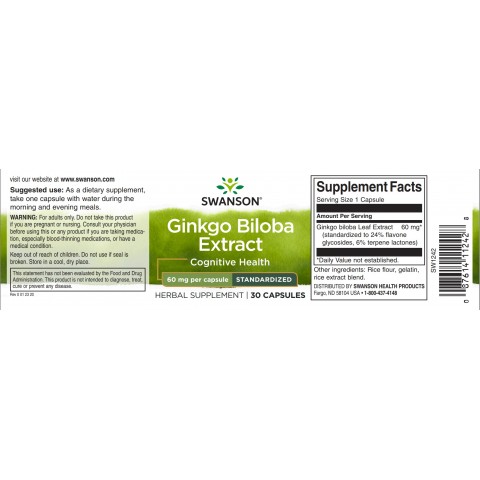 Dviskiaučio ginkmedžio standartizuotas ekstraktas Ginkgo Biloba, Swanson, 60mg, 120 kapsulių