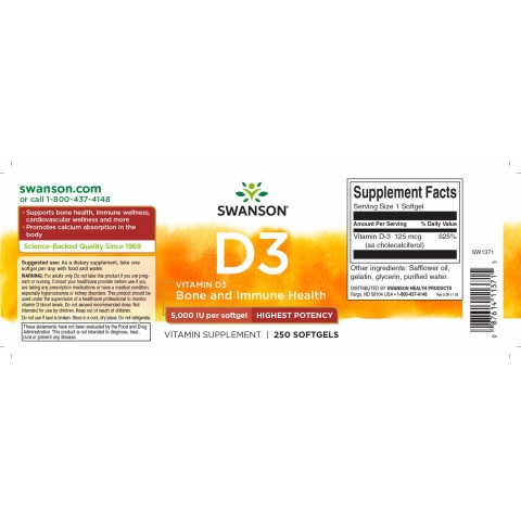 Vitaminas D3 5000TV, Swanson, 125mcg, 250 kapsulių