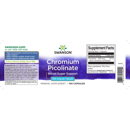 Chromas Chromium Picolinate, Swanson, 200mcg, 100 kapsulių
