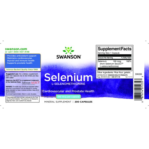 Selenas Selenium L-Selenomethionine, Swanson, 100mcg, 200 kapsulių