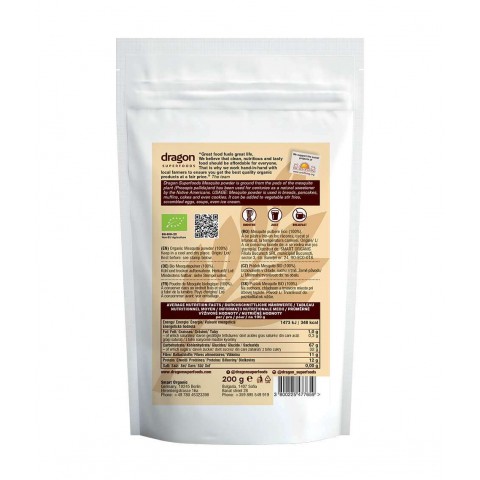 Meskito anksčių milteliai-saldiklis Mesquite, ekologiški, Dragon Superfoods, 100g