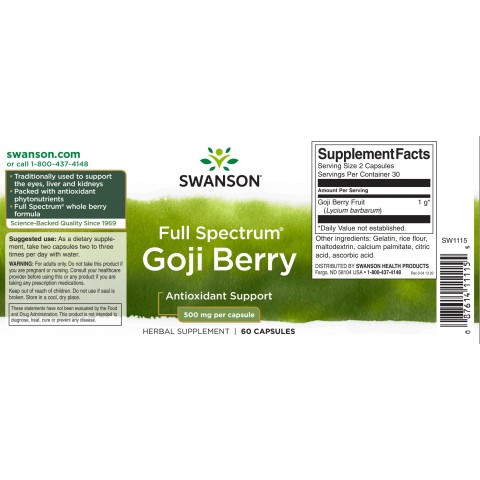 Dygliuotojo ožerkšnio Goji uogos, Swanson, 500mg, 60 kapsulių