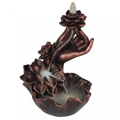 Reverse Waterfall Effect Incense Holder Bronze hand with flower