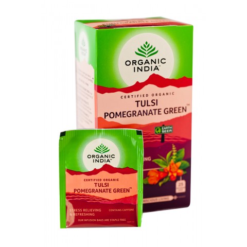 Ajurvedinė arbata Tulsi Pomegranate Green, Organic India, 25 pakeliai