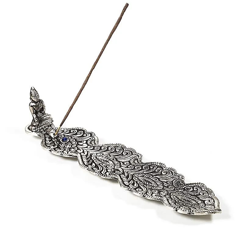 Leaf-shaped incense holder with Buddha for burning thin incense sticks, aluminium, 22cm