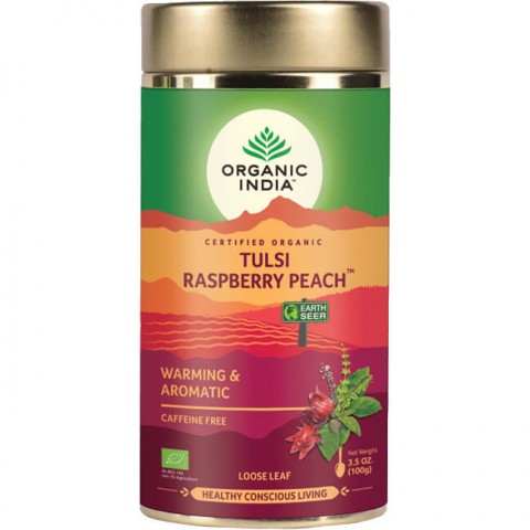 Aromatinga šildanti ajurvedinė arbata Tulsi Raspberry Peach, biri, Organic India, 100g