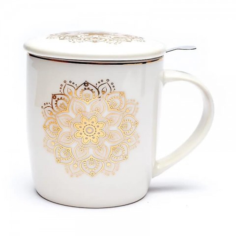Tea cup with strainer Mandala, white, 400ml