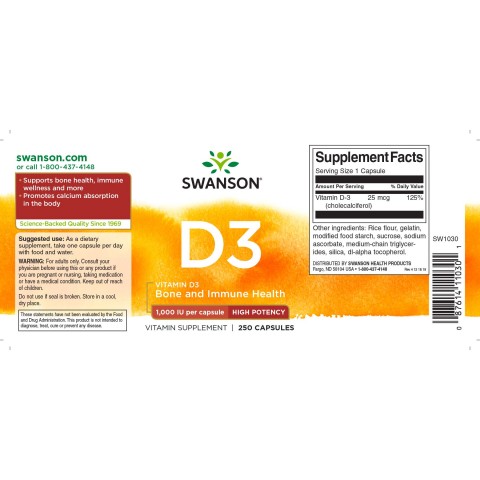 Vitaminas D3 1000TV, 25 mcg, Swanson, 250 kapsulių