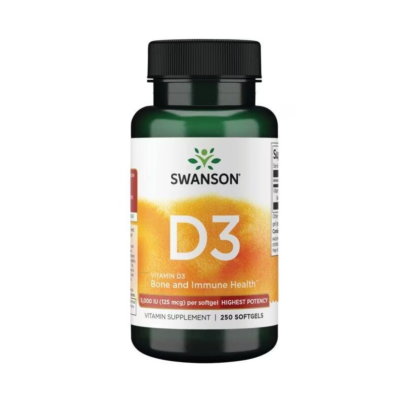 Vitaminas D3 5000TV, 125 mcg, Swanson, 250 kapsulių