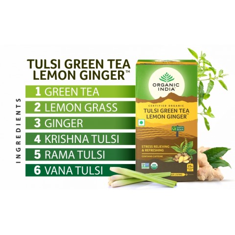 Ajurvedinė arbata Tulsi Lemon Ginger, Organic India, 25 pakeliai