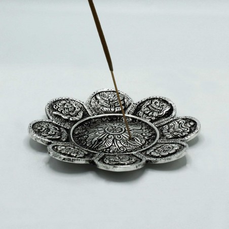 Tibetan Character Incense Holder in polished aluminium, 12 cm