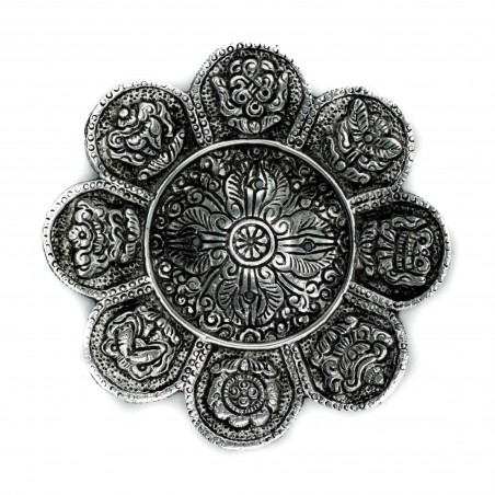 Poliruoto aliuminio spalvos Tibeto simbolių smilkalų laikiklis, 12 cm
