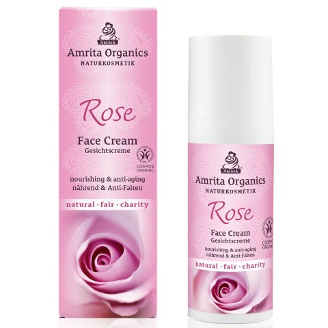 Regeneruojantis ir drėkinantis veido kremas Rose, Amrita Organics, 50 ml