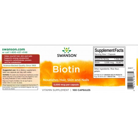 Biotinas, Swanson, 5000mcg, 100 kapsulių