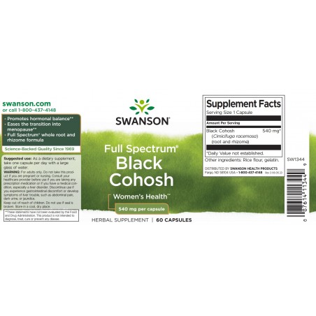 Черный кохош полного спектра, Swanson, 540 мг, 60 капсул