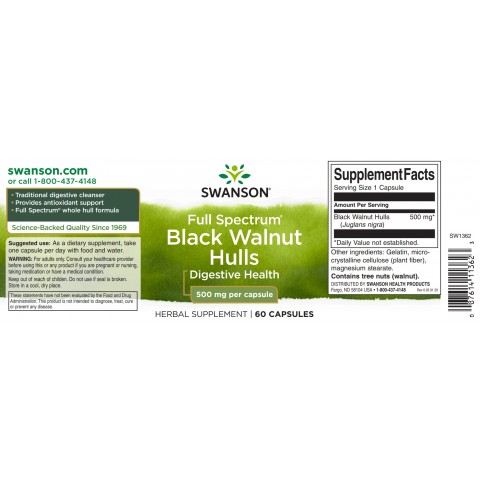 Juodasis riešutmedis Black Walnut, Swanson, 500mg, 60 kapsulių