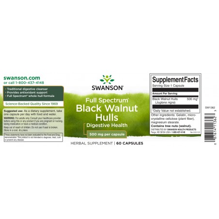 Juodasis riešutmedis Black Walnut, Swanson, 500mg, 60 kapsulių