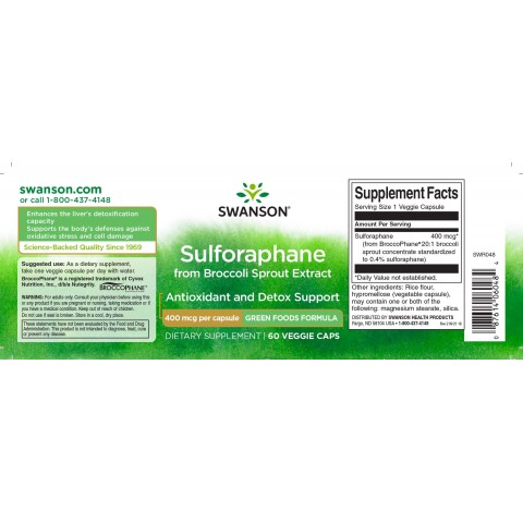 Brokolių ekstraktas Sulforafanas, Swanson, 400mcg, 60 kapsulių