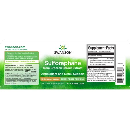 Brokolių ekstraktas Sulforafanas, Swanson, 400mcg, 60 kapsulių