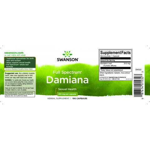 Damiana lapai Turnera Diffusa, Swanson, 510mg, 100 kapsulių