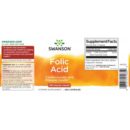 Folio rūgštis, Swanson, 800mcg, 250 kapsulių
