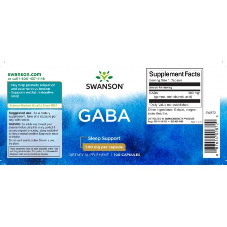 Gama-amino sviesto rūgštis GABA, Swanson, 500mg, 100 kapsulių