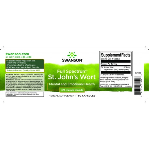 Jonažolė St.Johns Wort, Swanson, 375mg, 60 kapsulių