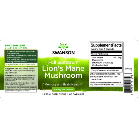 Liūto karčiai grybas Lion's Mane, Swanson, 500mg, 60 kapsulių