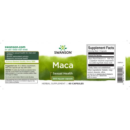 Peruvinė pipirnė Maca, Swanson, 500mg, 60 kapsulių