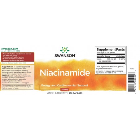 Vitaminas B3 Niacinas, Swanson, 500mg, 250 kapsulių