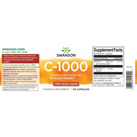 Vitaminas C su erškėčių ekstraktu, Swanson, 1000mg, 30 kapsulių