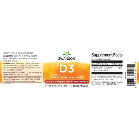 Vitamin D3 1000TV, 25 mcg, Swanson, 30 capsules