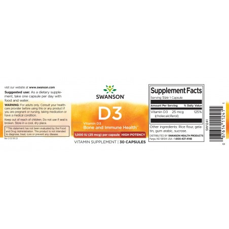 Vitamin D3 1000TV, 25 mcg, Swanson, 30 capsules