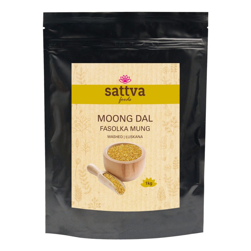 Spindulinės Mung pupuolės Moong Dal, skaldytos, plautos, Sattva Foods, 1kg Spindulinės Mung pupuolės Moong Dal, skaldytos, plautos, Sattva Foods, 1kg