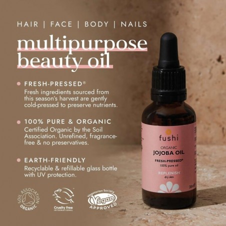 Simondsijų aliejus Jojoba Golden, šalto spaudimo, ekologiškas, Fushi, 30ml