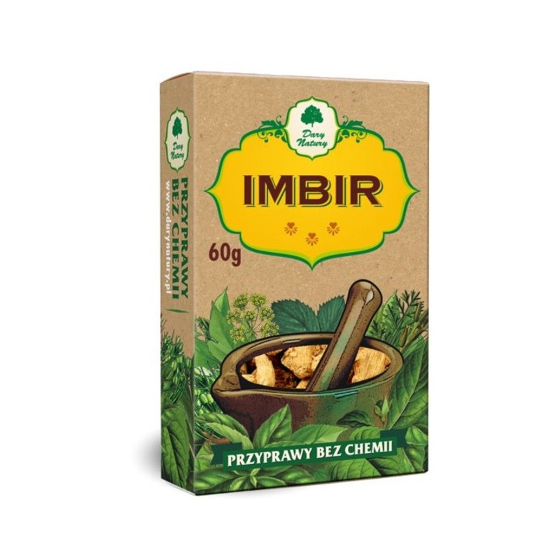 Imbiero šaknis, džiovinta malta, Dary Natury, 60g Imbiero šaknis, džiovinta malta, Dary Natury, 60g