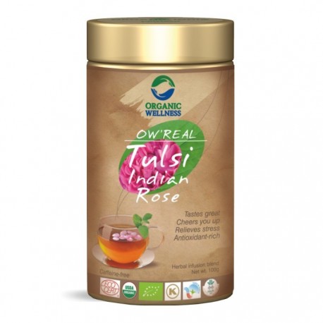 Arbata Tulsi Indian Rose, biri, ekologiška, Organic Wellness, 100g Arbata Tulsi Indian Rose, biri, ekologiška, Organic Wellness, 100g