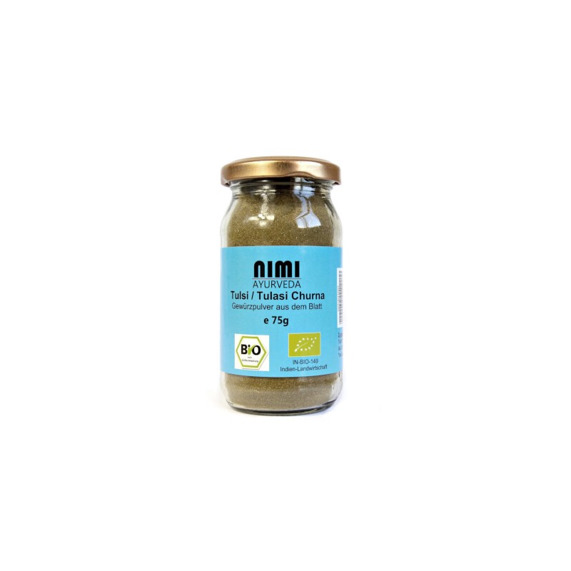 Tulsi (indiškasis bazilikas) milteliai, ekologiški, Nimi, 75g Tulsi (indiškasis bazilikas) milteliai, ekologiški, Nimi, 75g