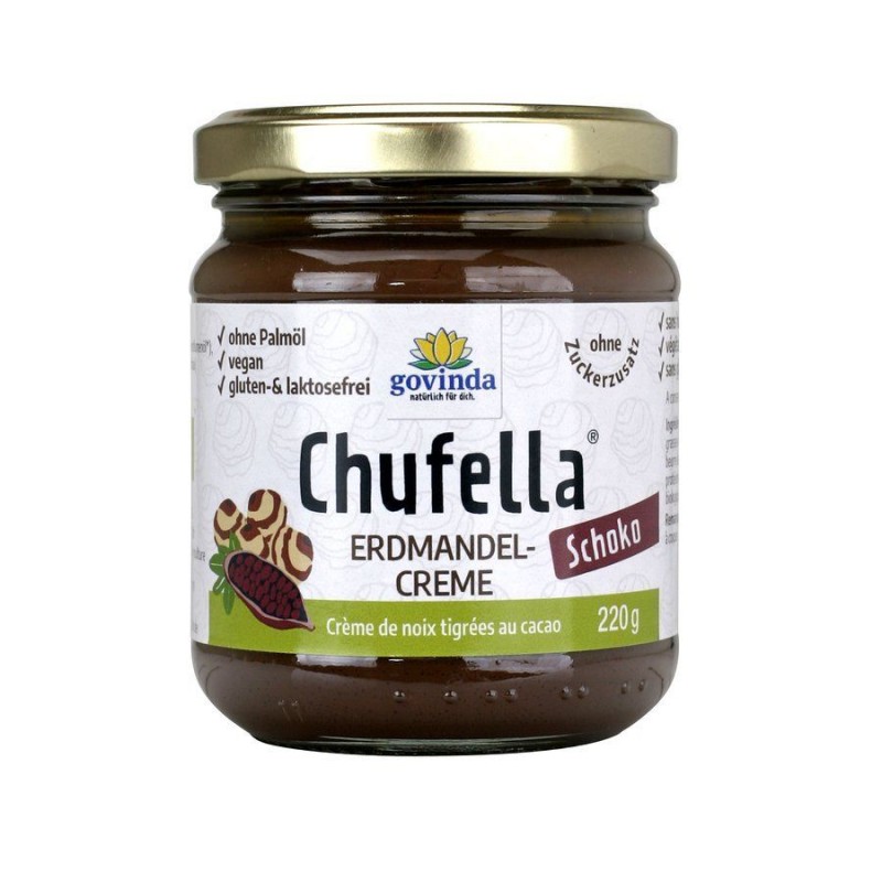 Šokoladinis valgomosios viksvuolės riešutų kremas Chufella Tigernut-Choco, Govinda, 220 g Šokoladinis valgomosios viksvuolės riešutų kremas Chufella Tigernut-Choco, Govinda, 220 g