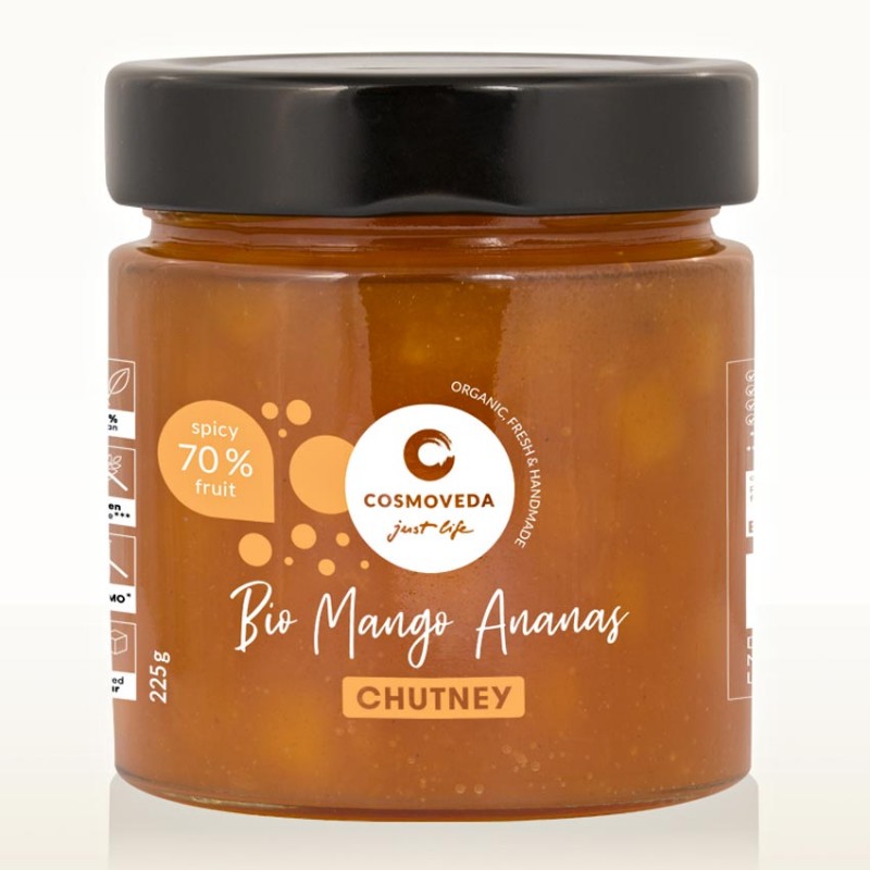 Mango ir ananasų čatnis, ekologiškas, Cosmoveda, 225ml Mango ir ananasų čatnis, ekologiškas, Cosmoveda, 225ml