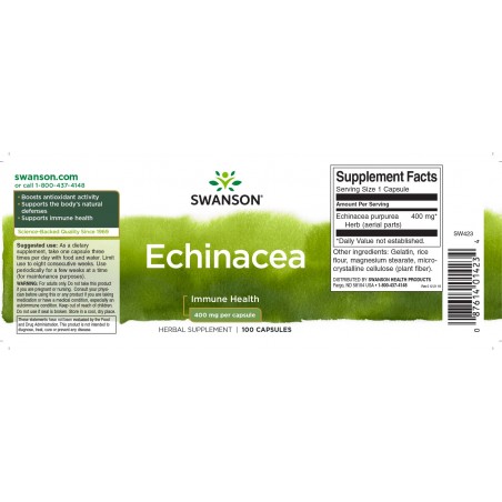 Rausvažiedė ežiuolė Echinacea, Swanson, 400mg, 100 kapsulių