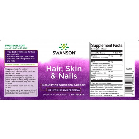 Hair, Skin and Nails Food Supplement, Swanson, 1150mg, 60 tablets