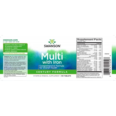 Super Multivitaminų ir Mineralų Kompleksas su geležimi, Swanson, 1500mg, 130 tablečių