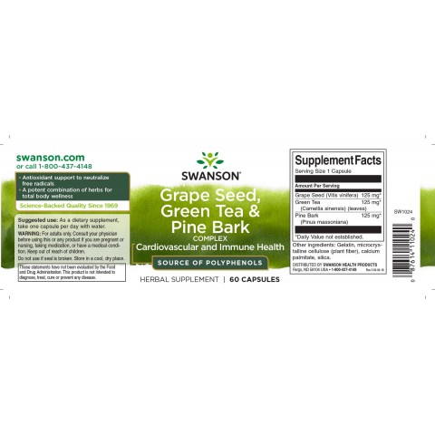 Vynuogių sėklų, Žaliosios arbatos ir Pušies žievės kompleksas, Swanson, 475 mg, 60 kapsulių
